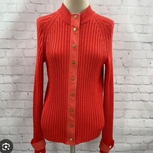 St. John Sport Women's XL Coral Full Snap Crystal Button Ribbed Cardigan
